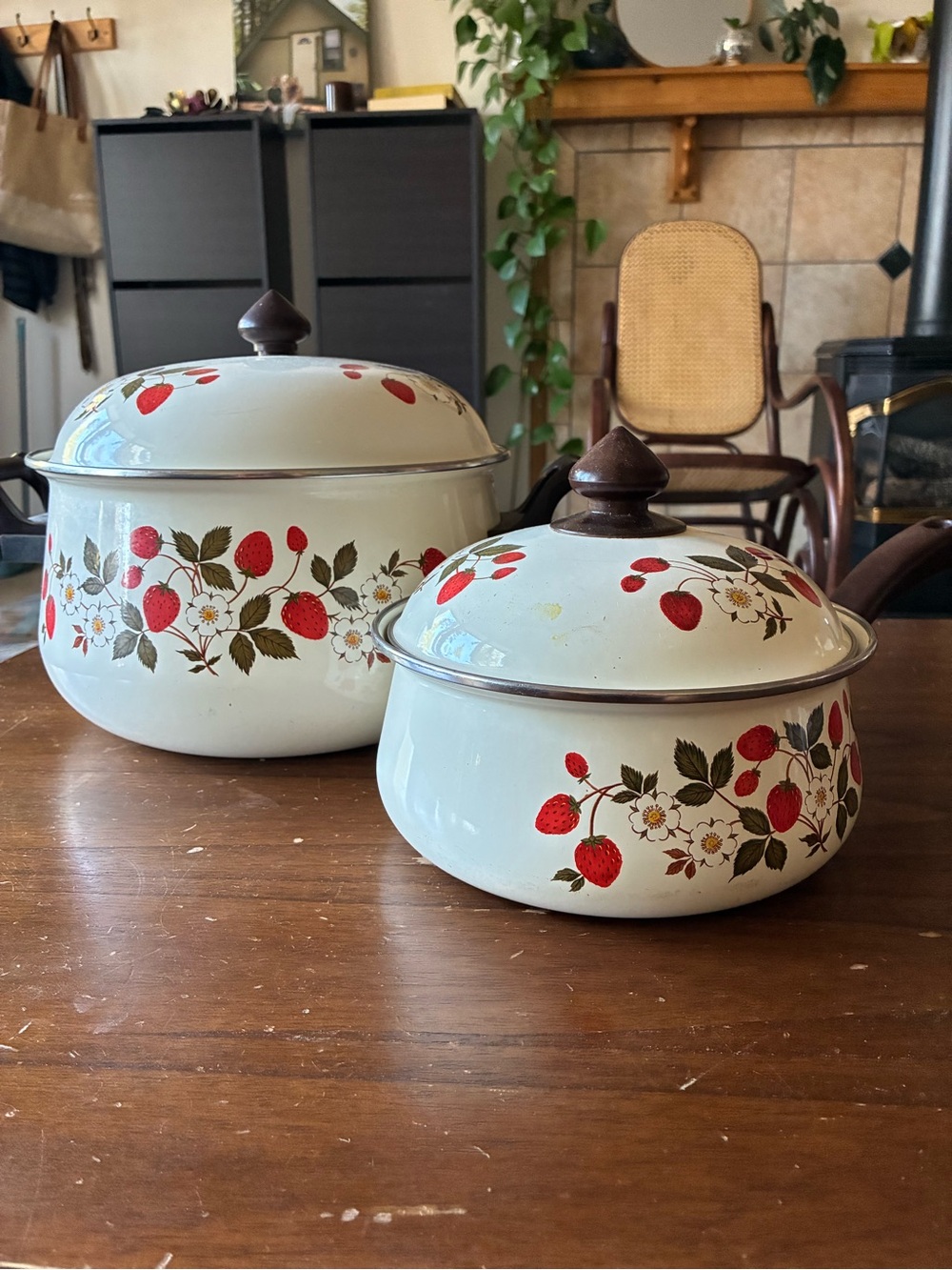Vintage Sheffield Strawberries 'n Cream Enamelware Pot Set w/ Lids 🍓